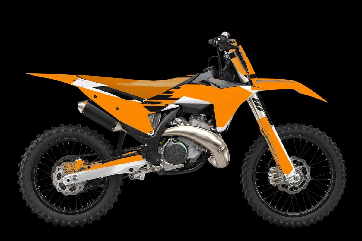 Tiger stripe style dirt bike graphics kit on a KTM 250 SX