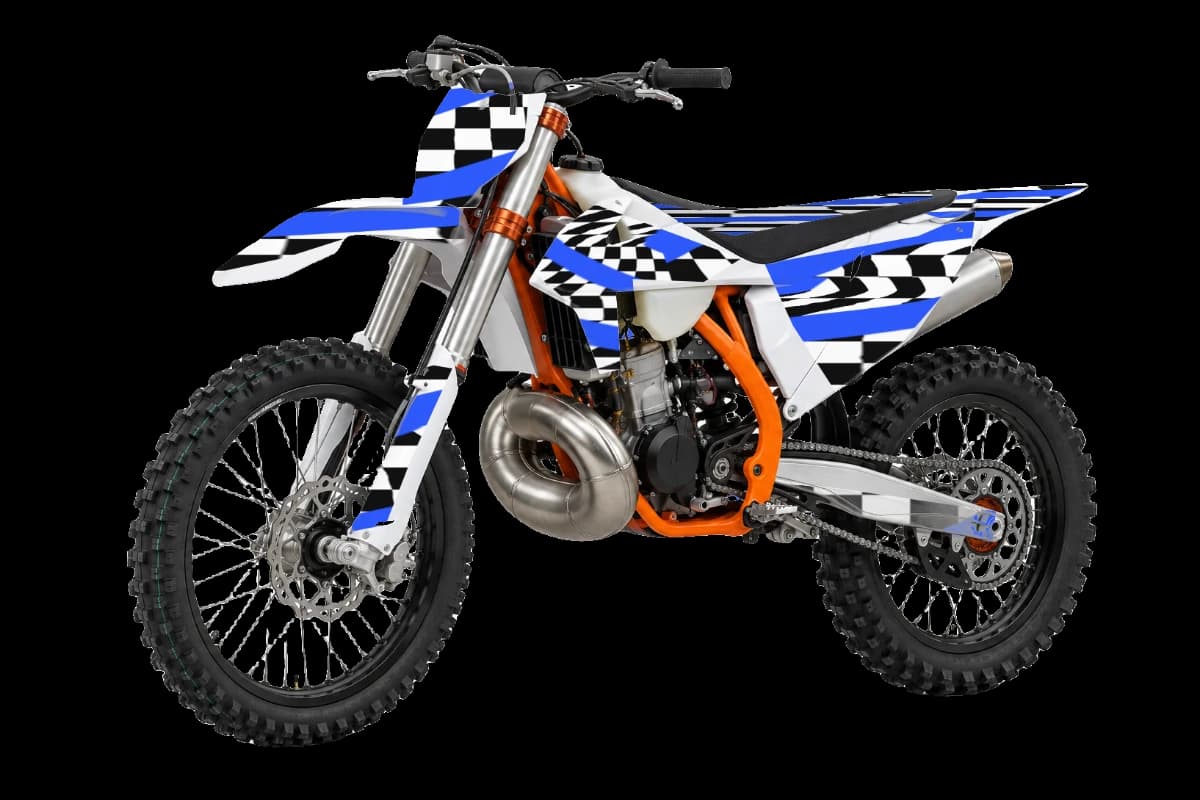 Checkered Rush style dirt bike graphics kit on a KTM 300 SX