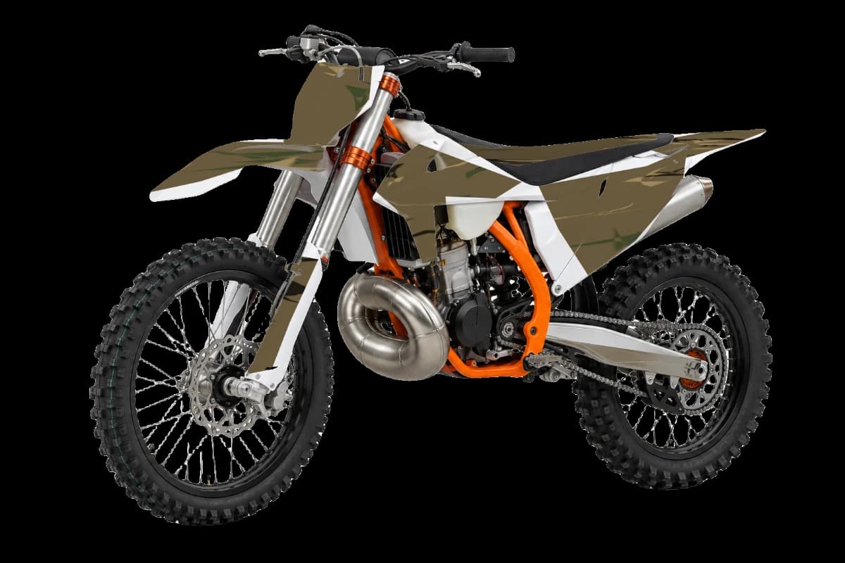 Woodland camo style dirt bike graphics kit on a KTM 300 SX