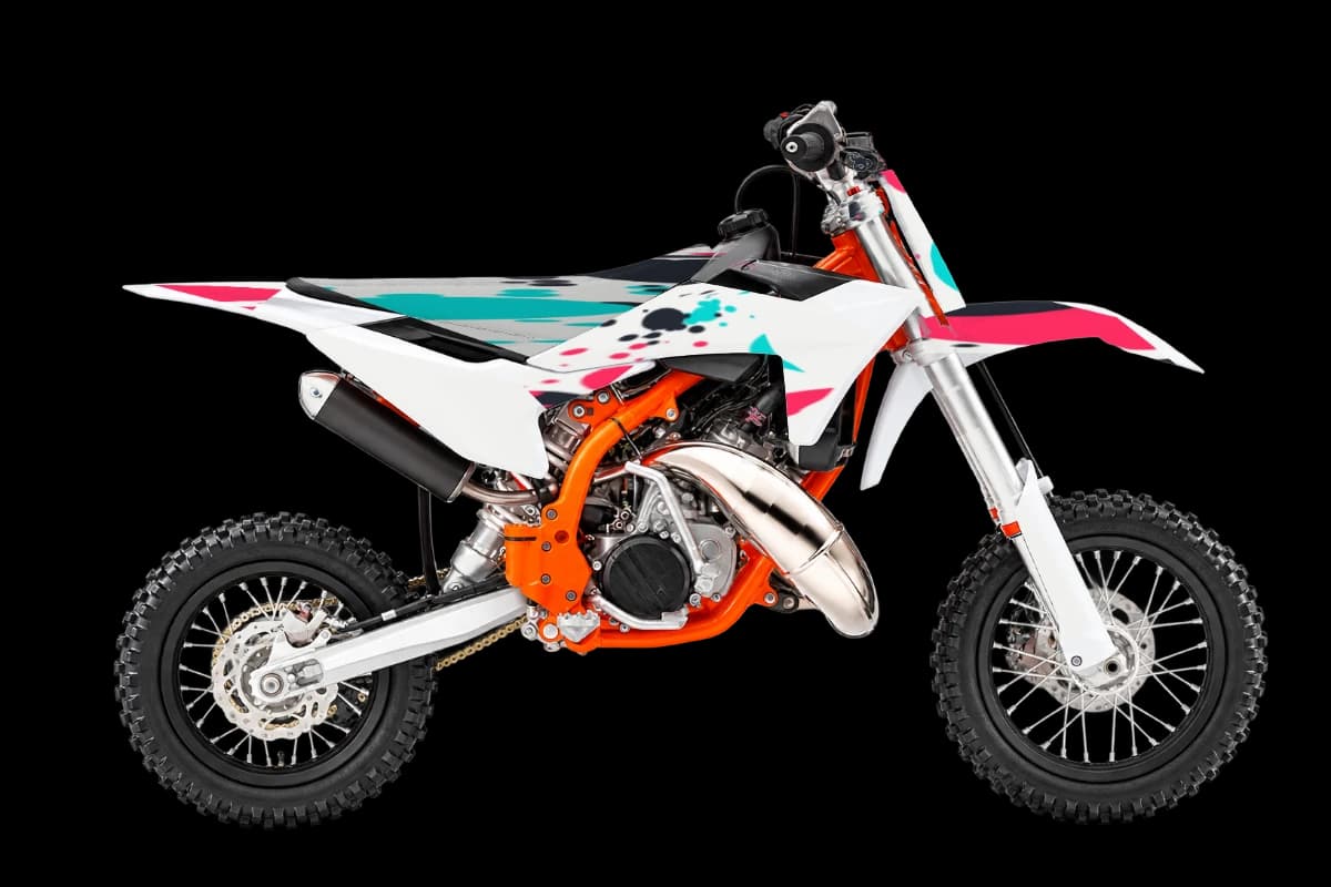 Paint splatter style dirt bike graphics kit on a KTM 50 SX