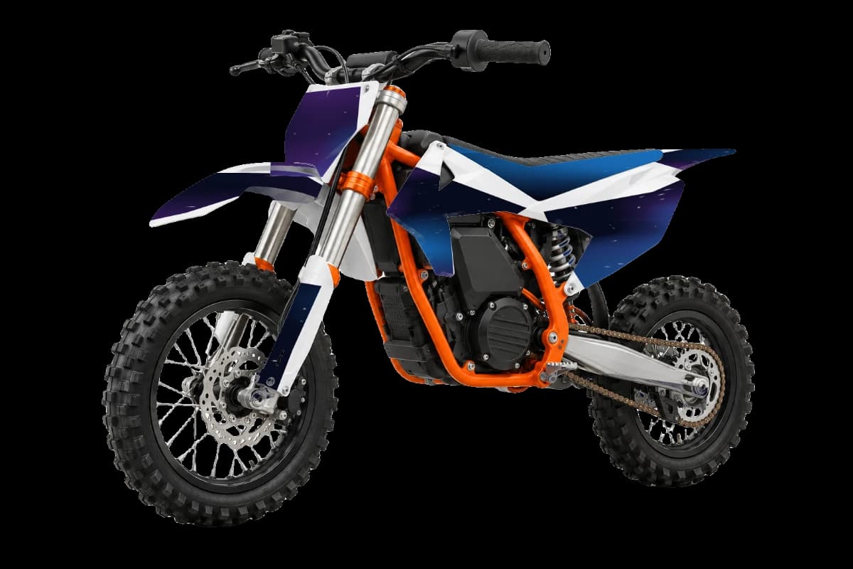 Galaxy style dirt bike graphics kit on a KTM SX-E 5