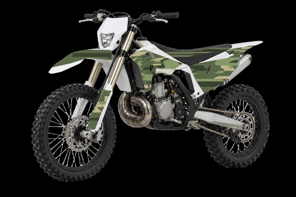 Digital camo style dirt bike graphics kit on a Rieju MR 300i