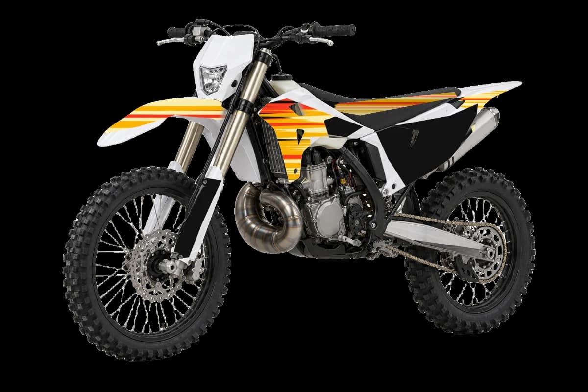 Flame style dirt bike graphics kit on a Rieju MR 300i