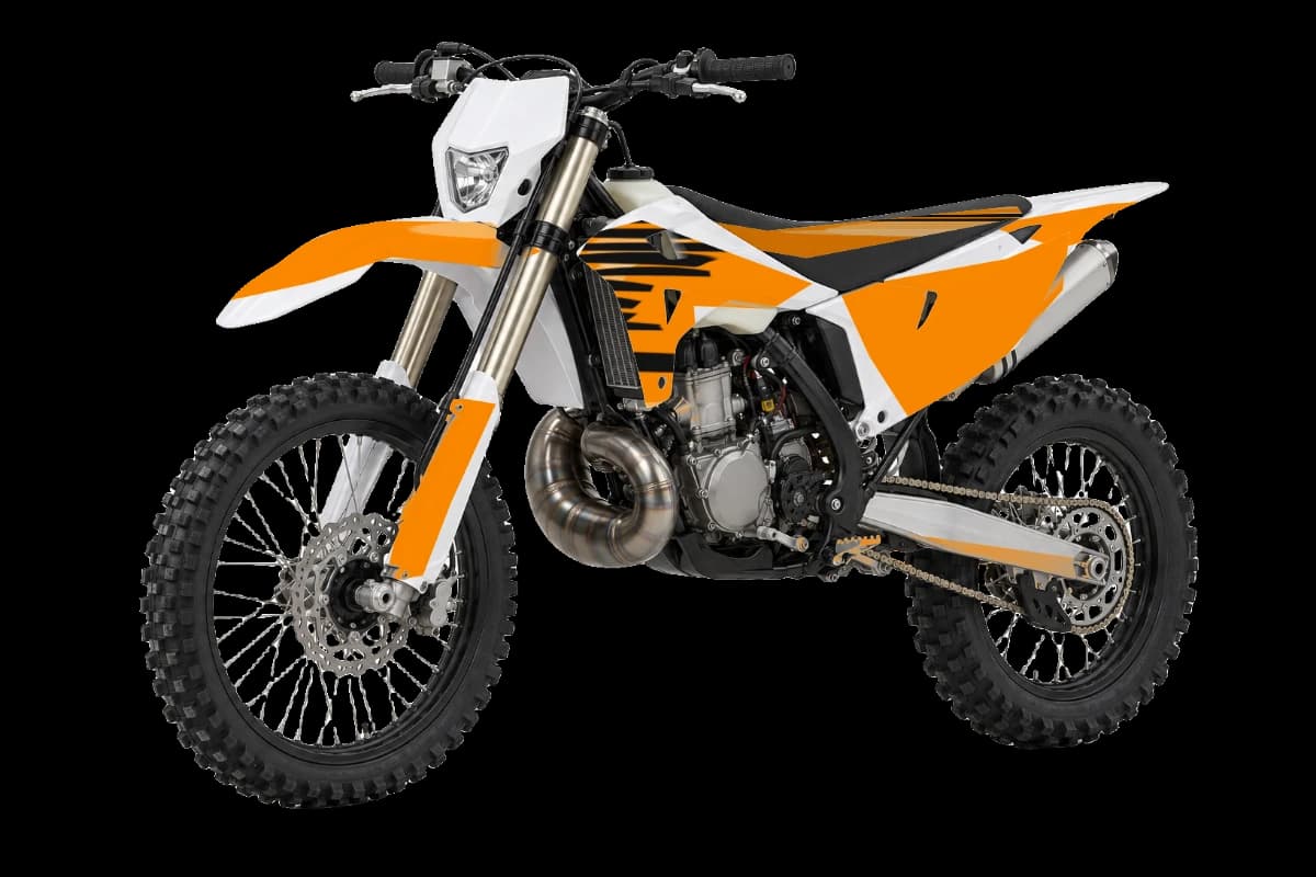 Tiger stripe style dirt bike graphics kit on a Rieju MR 300i