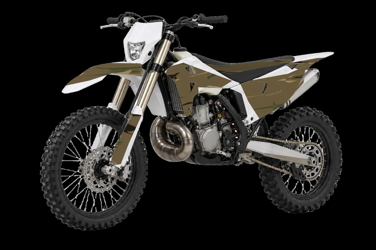 Woodland camo style dirt bike graphics kit on a Rieju MR 300i