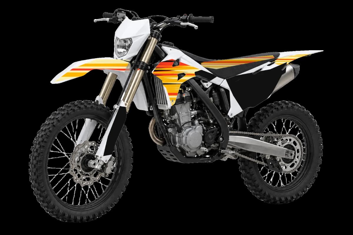 Flame style dirt bike graphics kit on a Rieju MR Pro 125