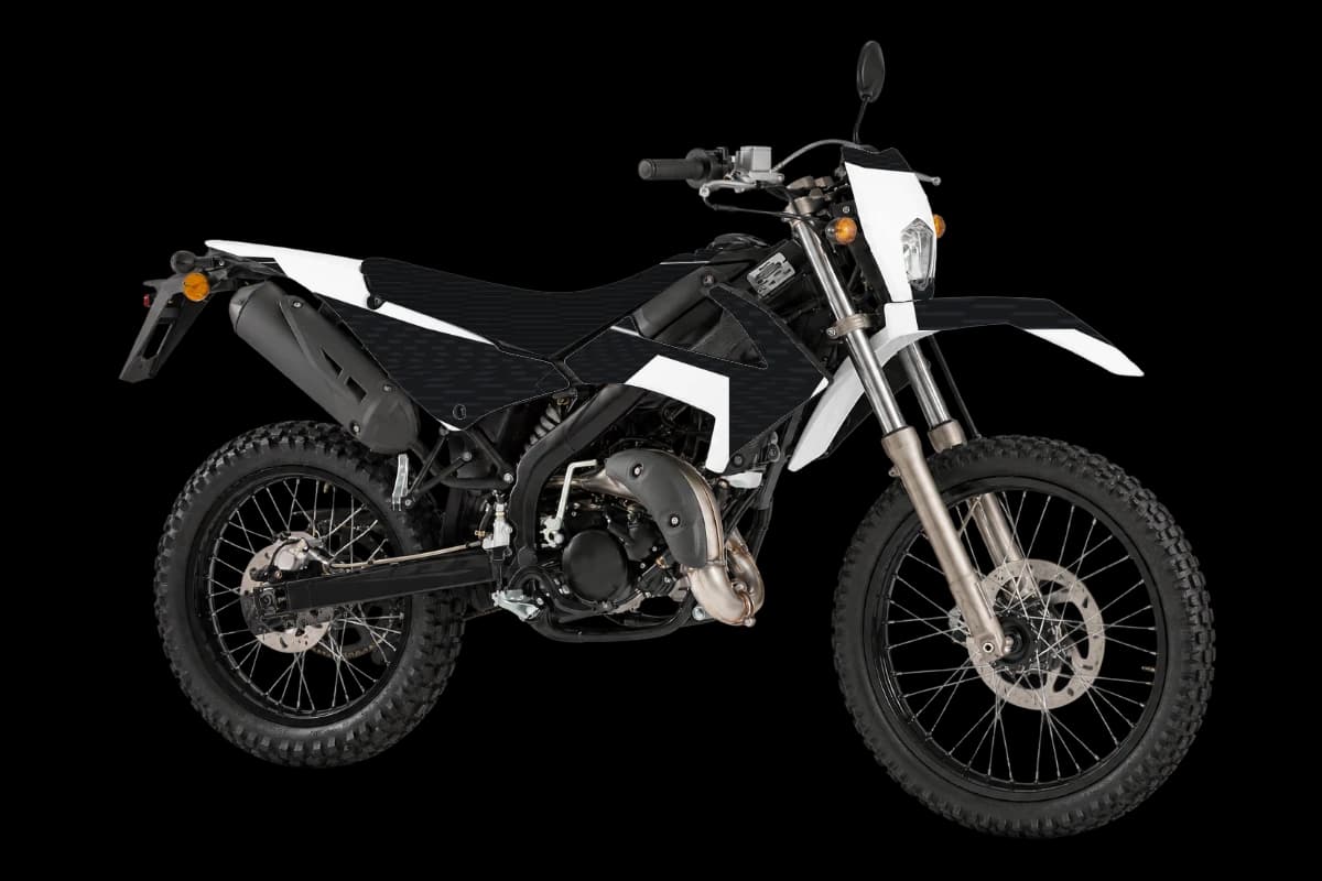 Carbon fiber style dirt bike graphics kit on a Rieju MRT 50