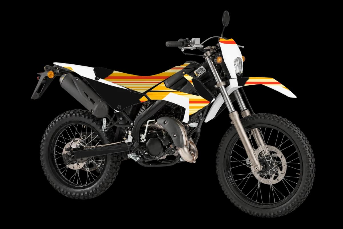Flame style dirt bike graphics kit on a Rieju MRT 50
