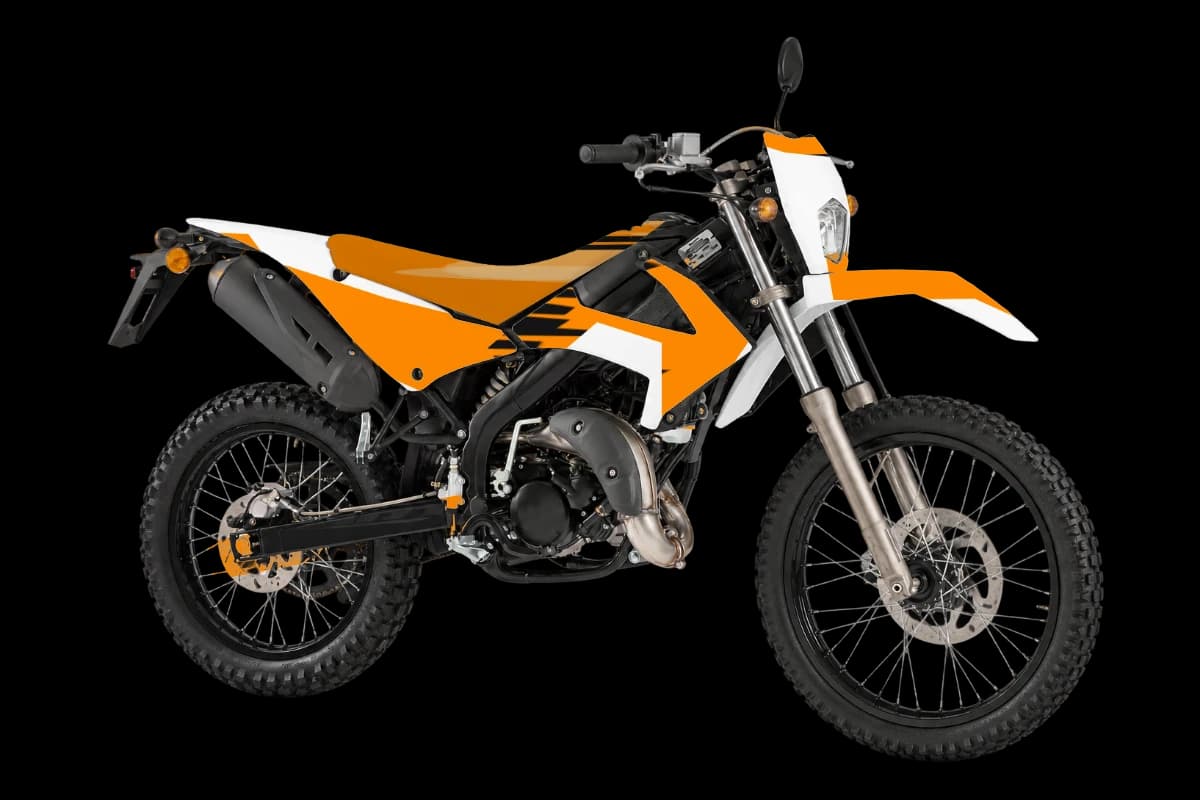 Tiger stripe style dirt bike graphics kit on a Rieju MRT 50