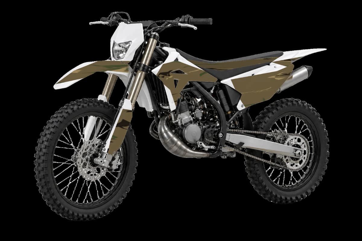 Woodland camo style dirt bike graphics kit on a Rieju MRT 50