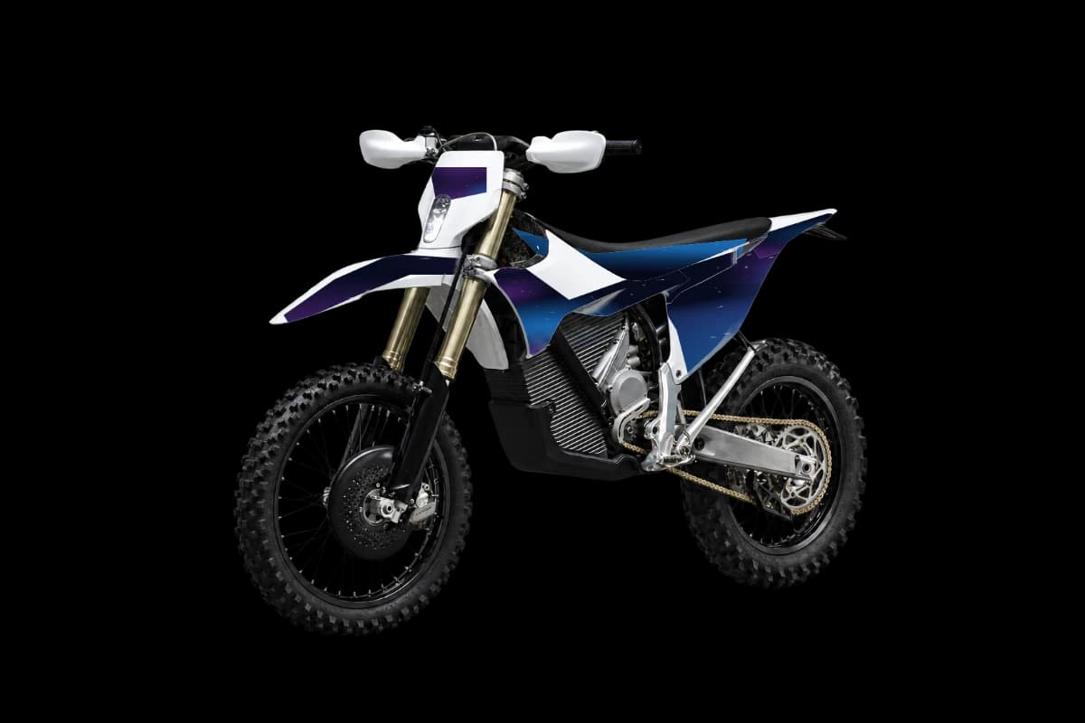 Galaxy style dirt bike graphics kit on a Stark Varg EX