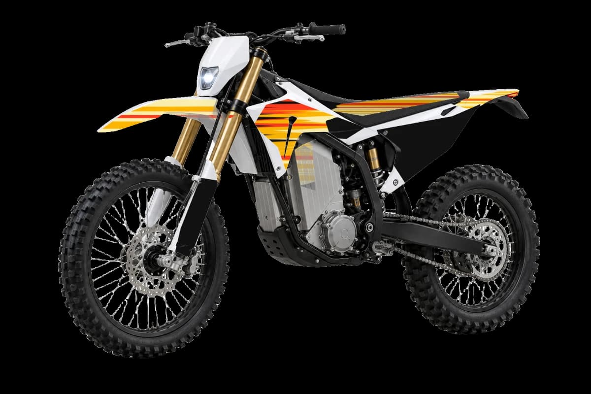 Flame style dirt bike graphics kit on a Stark Varg EX