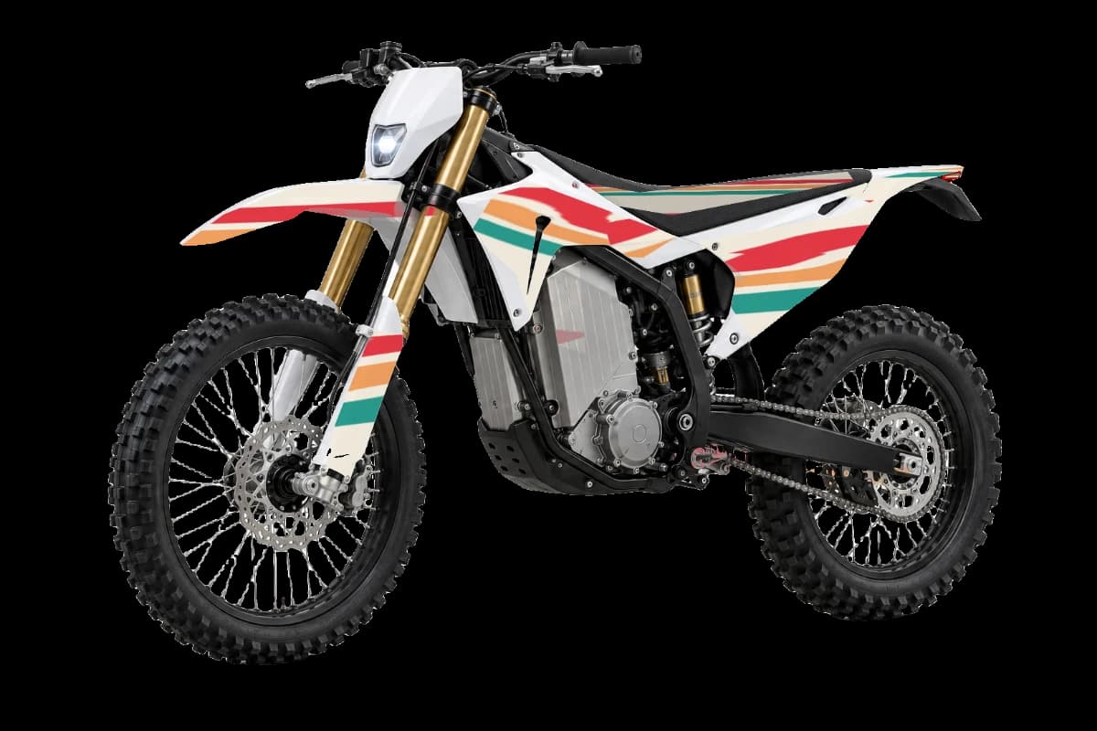 Retro style dirt bike graphics kit on a Stark Varg EX