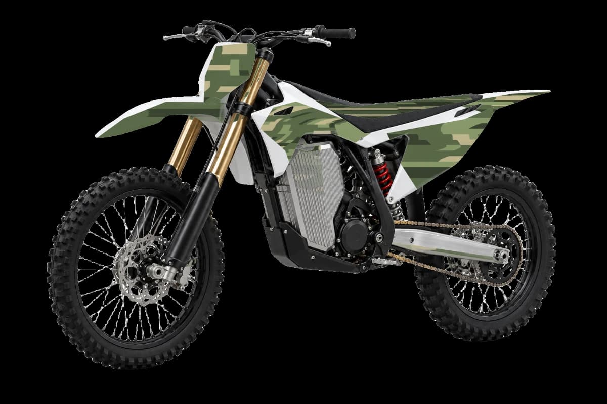 Digital Camo style dirt bike graphics kit on a Stark Varg MX
