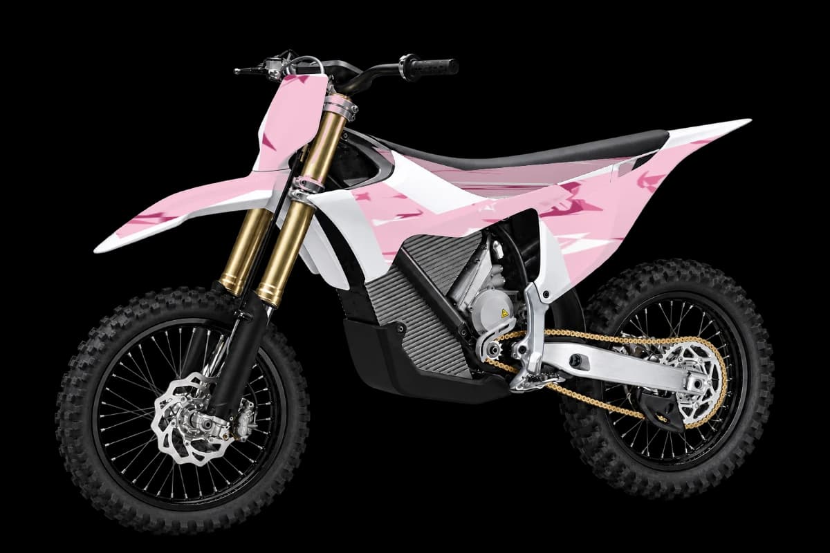 Pink camo graphics on a Stark Varg MX electric dirt bike