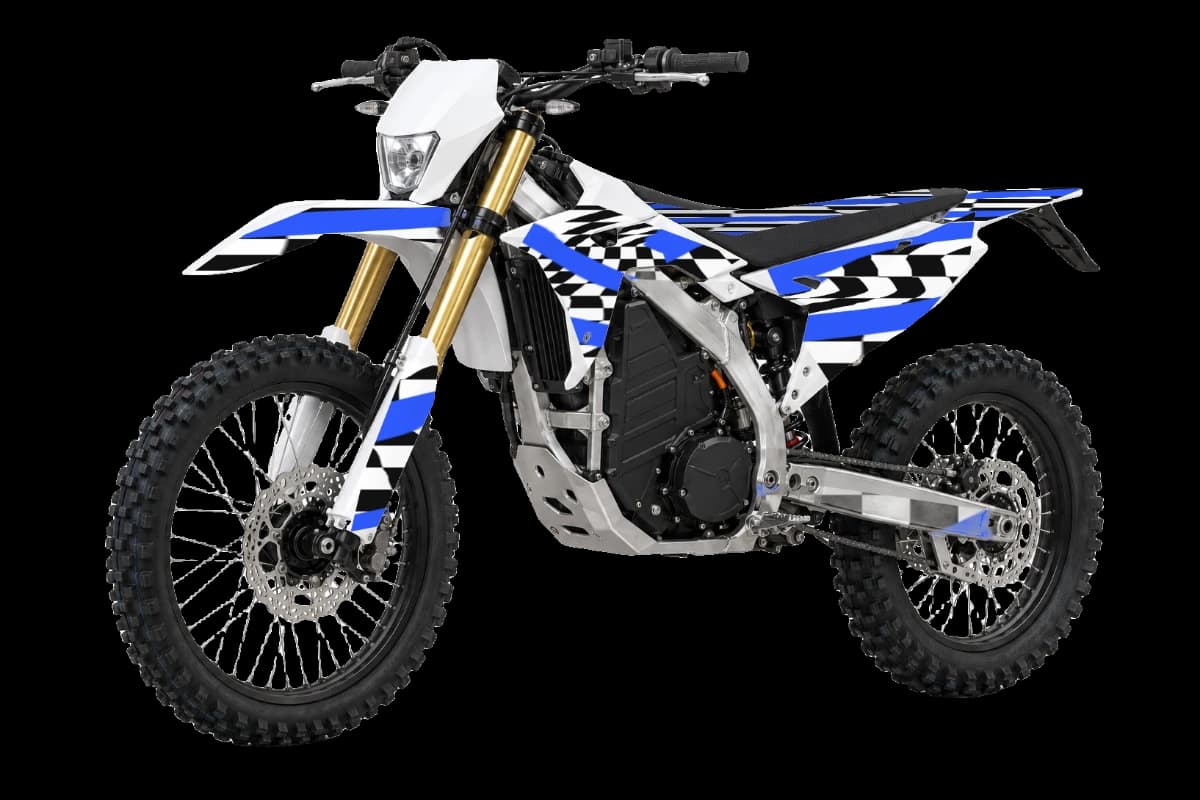Checkered Rush style dirt bike graphics kit on a Sur-Ron Storm Bee