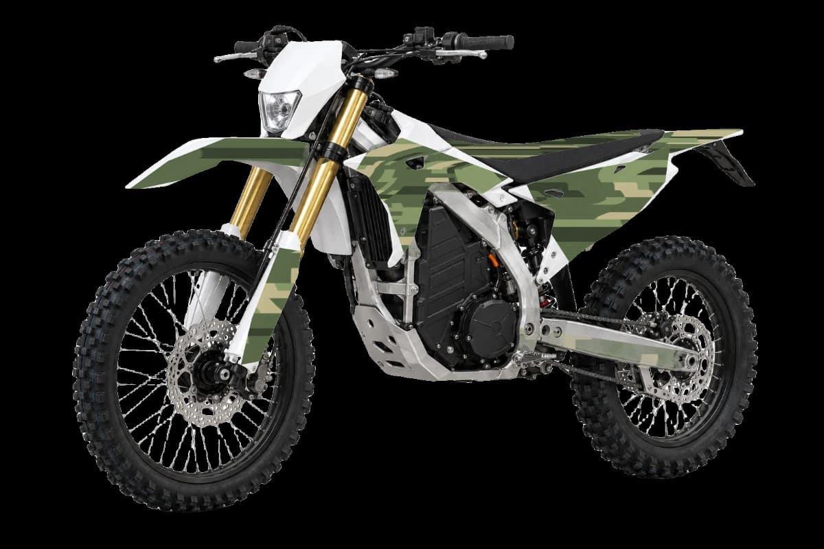 Digital camo graphics on a Sur-Ron Storm Bee electric dirt bike