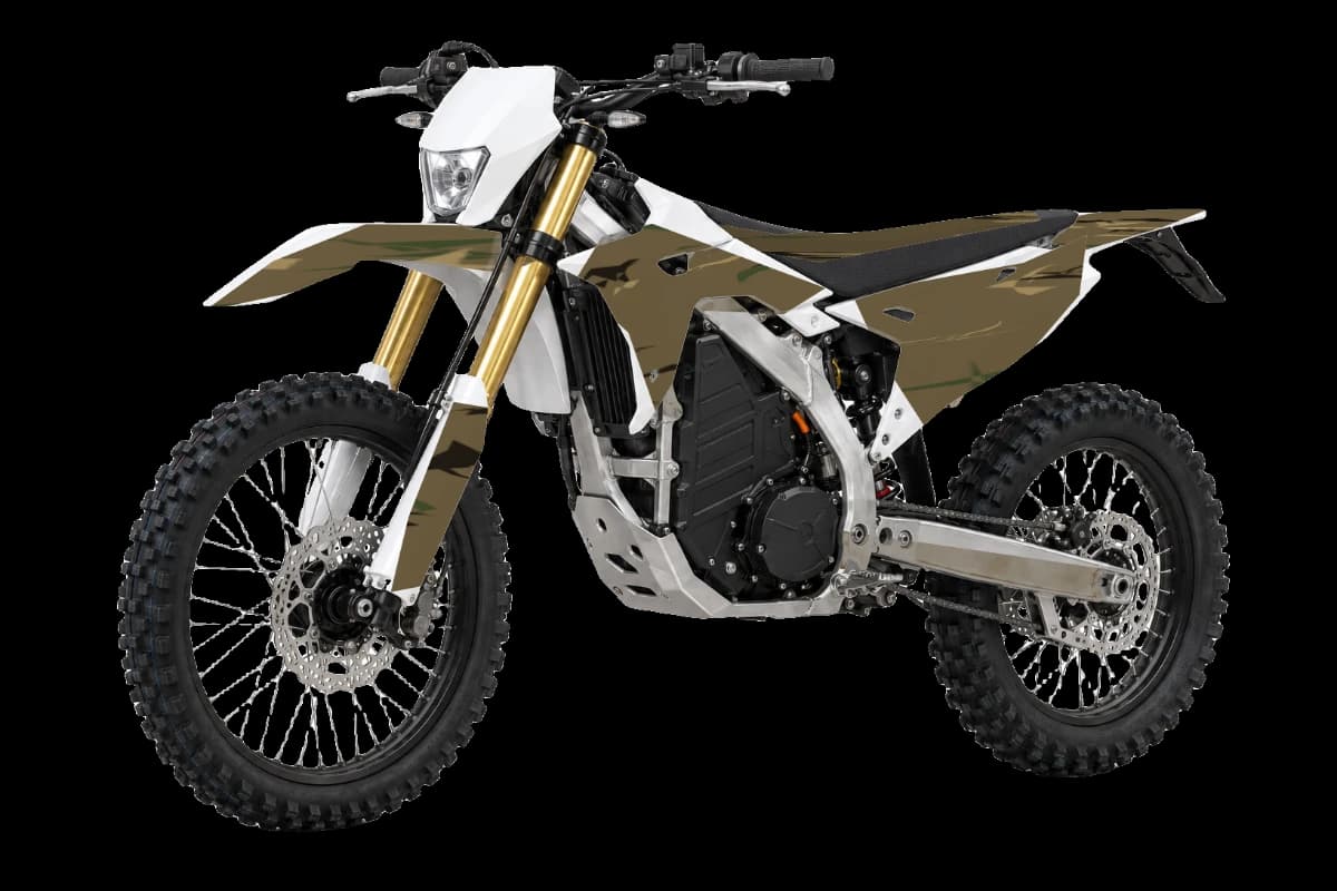 Woodland camo style dirt bike graphics kit on a Sur-Ron Storm Bee