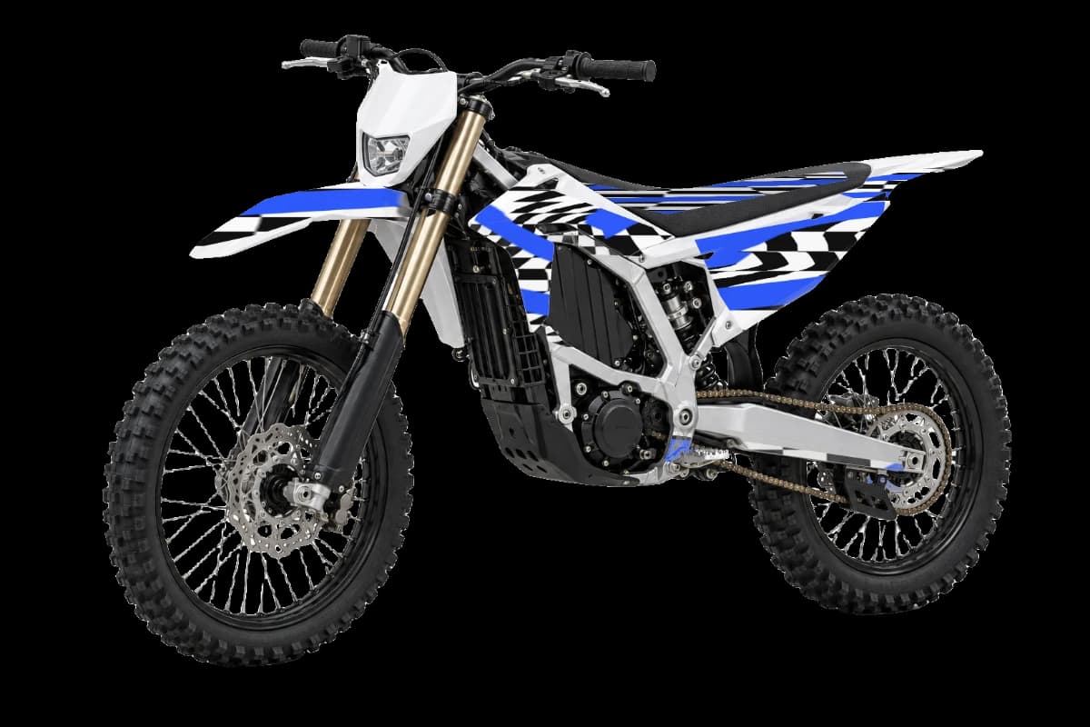 Checkered Rush style dirt bike graphics kit on a Sur-Ron Ultra Bee