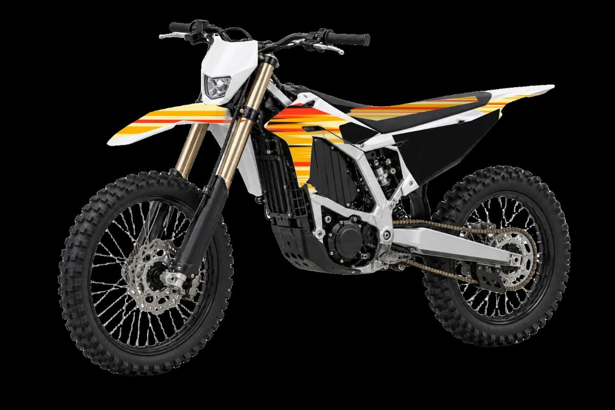 Flame style dirt bike graphics kit on a Sur-Ron Ultra Bee