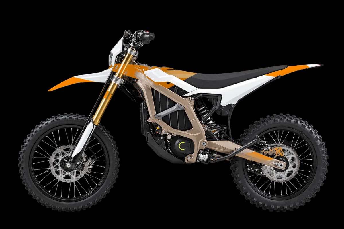 Tiger stripe style dirt bike graphics kit on a Sur-Ron Ultra Bee
