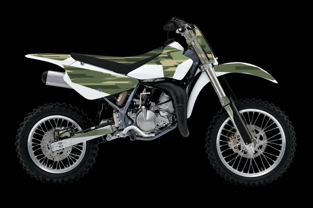 Digital camo style dirt bike graphics kit on a Suzuki RM85