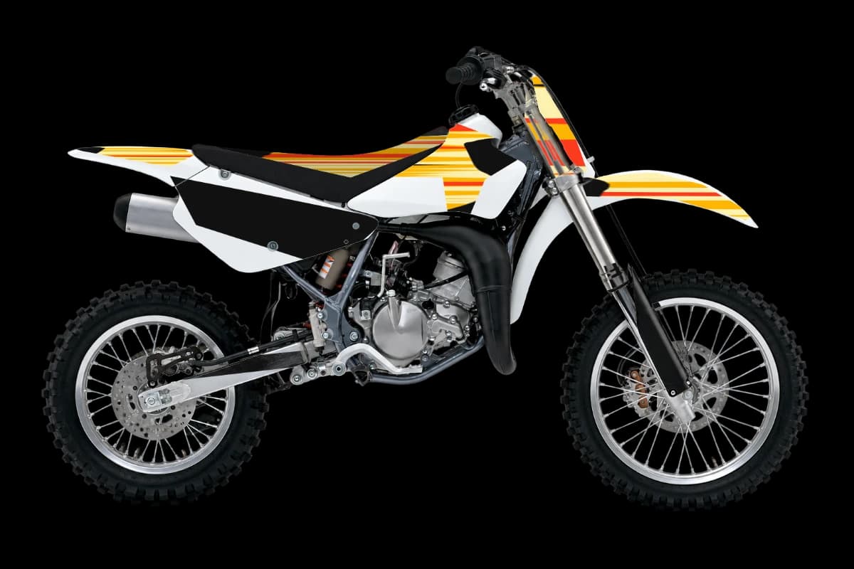 Flame style dirt bike graphics kit on a Suzuki RM85