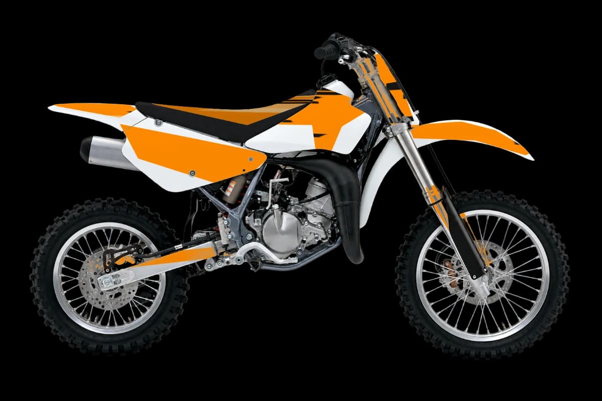 Tiger stripe style dirt bike graphics kit on a Suzuki RM85
