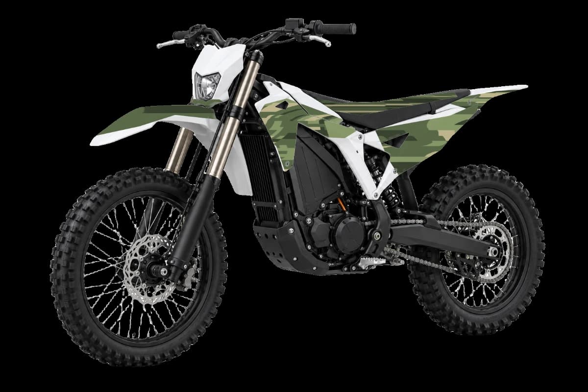 Digital camo style dirt bike graphics kit on a Talaria Komodo