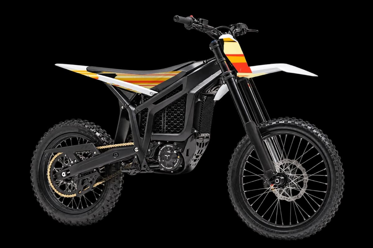 Flame style dirt bike graphics kit on a Talaria Komodo