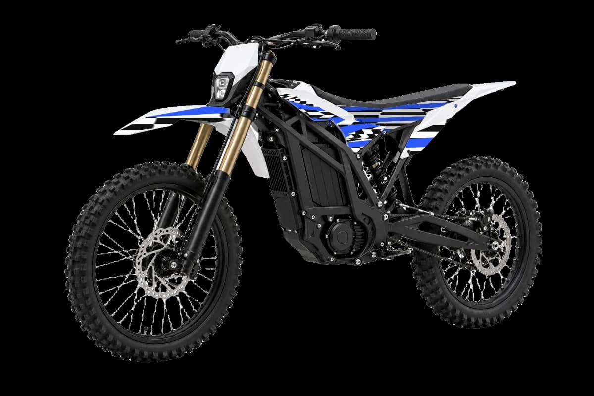 Checkered graphics on a Talaria Sting electric dirt bike