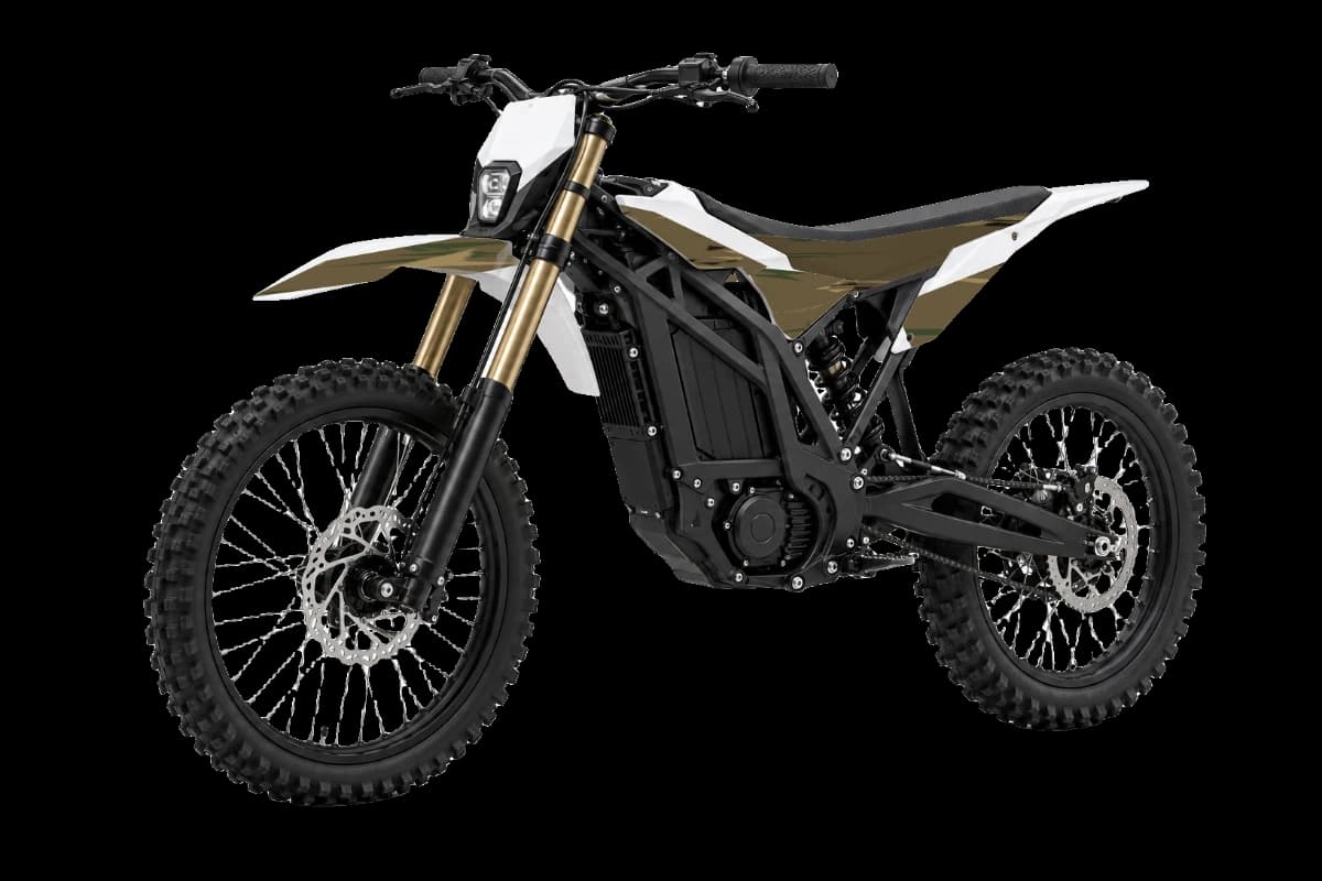 Woodland camo graphics on a Talaria Sting electric dirt bike