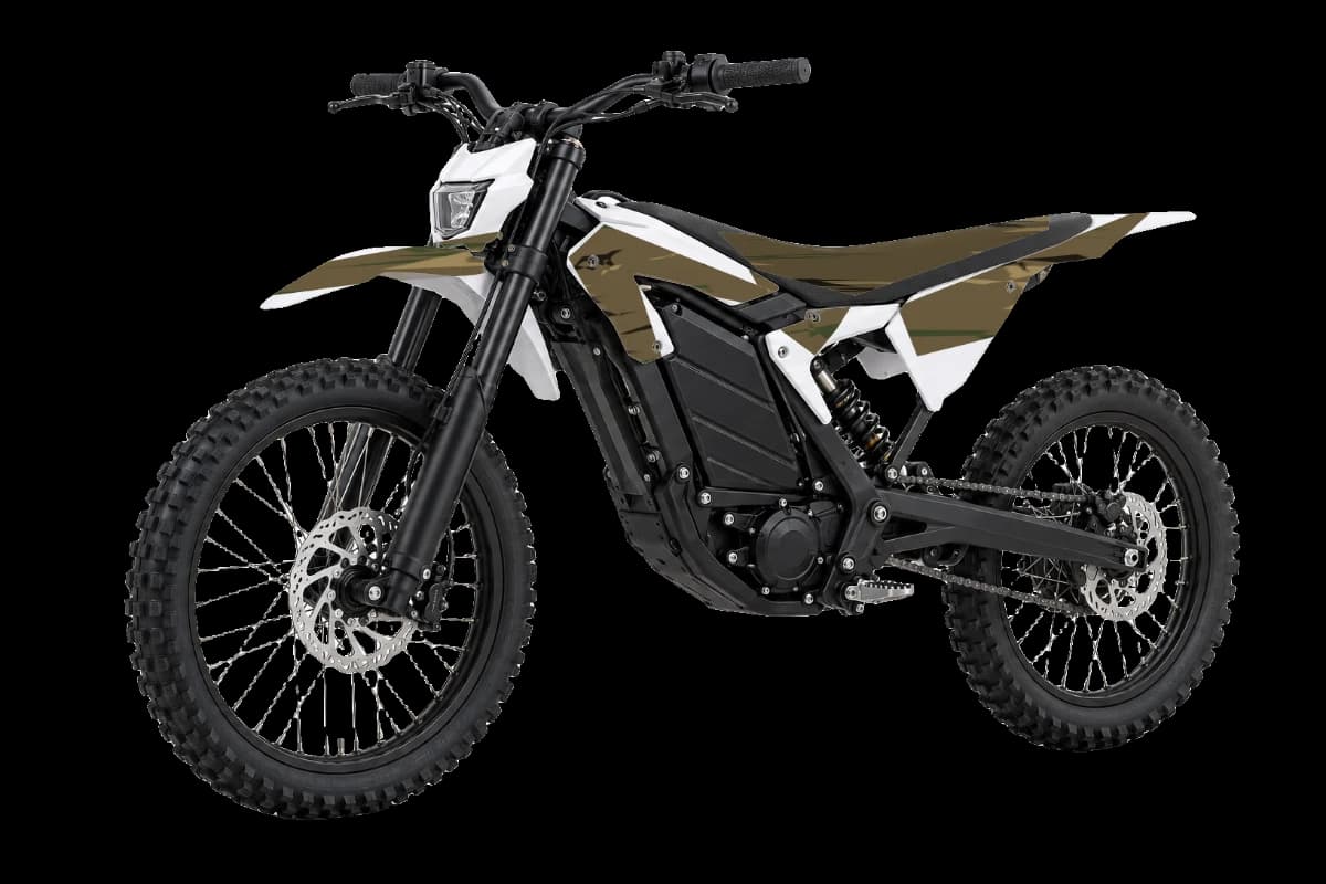 Woodland camo style dirt bike graphics kit on a Talaria XXX