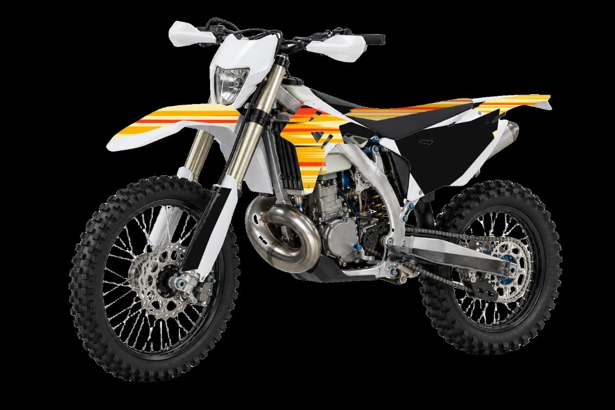 Flame style dirt bike graphics kit on a TM Moto EN 250 2T