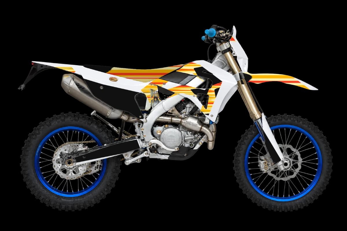 Flame style dirt bike graphics kit on a TM Moto EN 250 4T