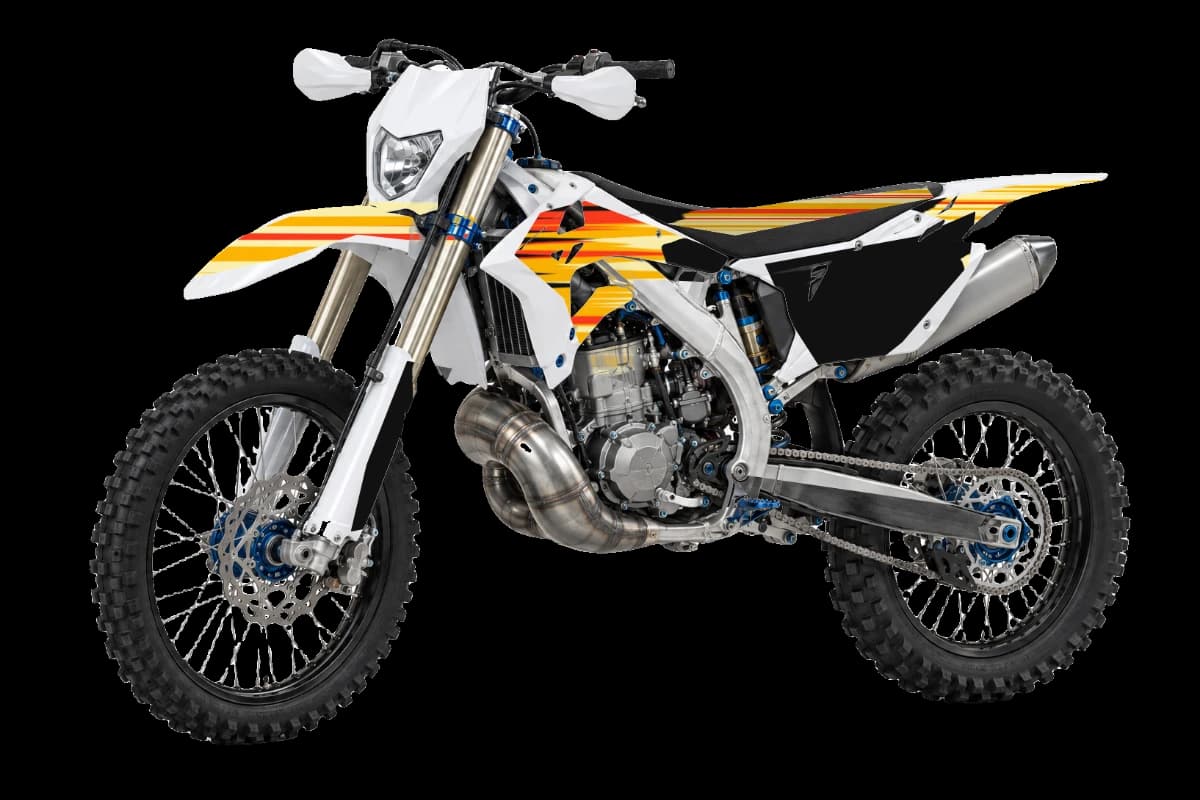 Flame style dirt bike graphics kit on a TM Moto EN 300 2T