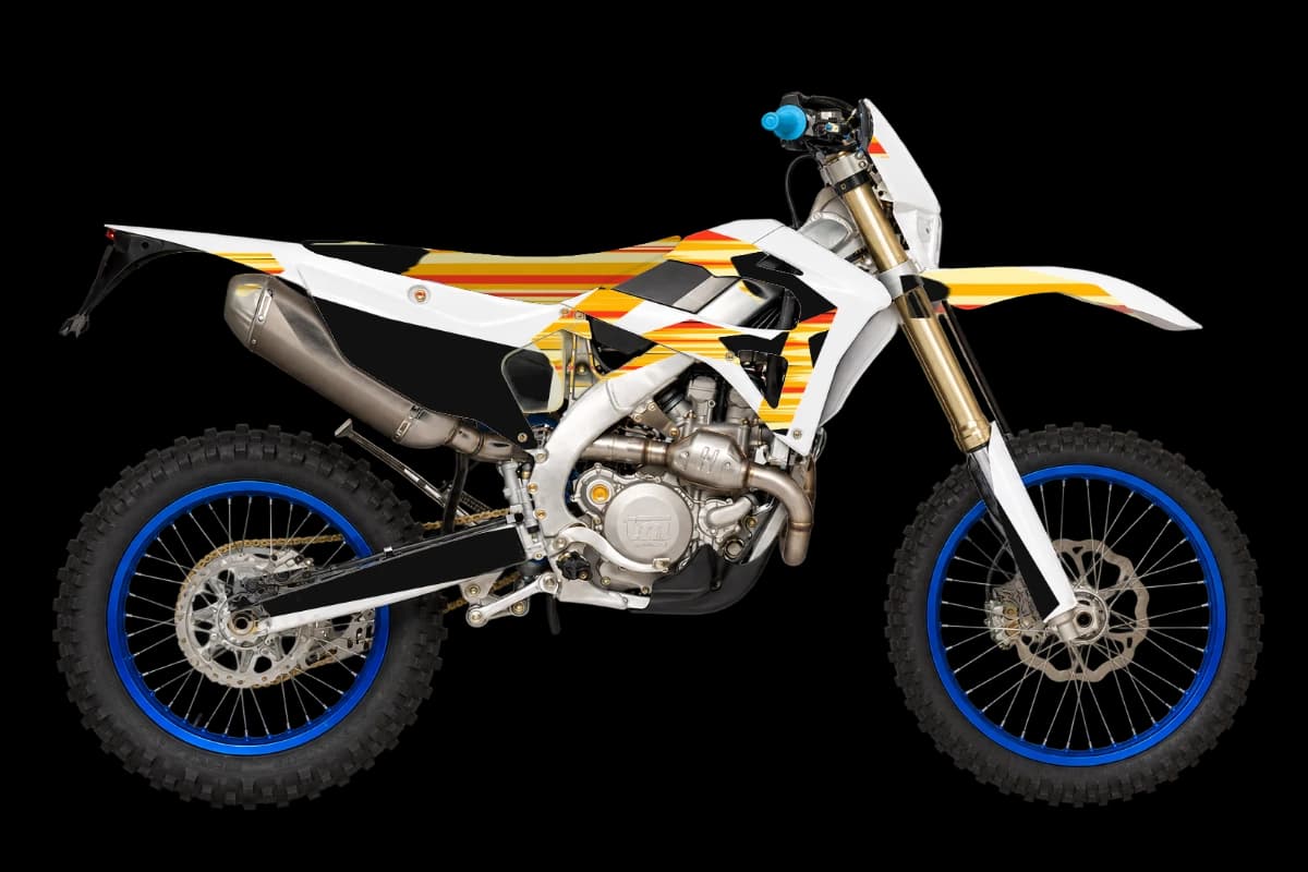 Flame style dirt bike graphics kit on a TM Moto EN 450 4T