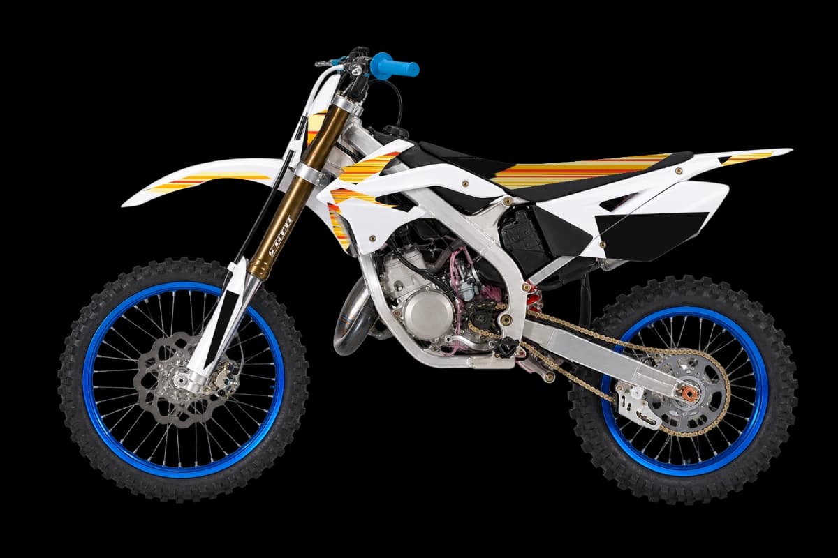 Flame style dirt bike graphics kit on a TM Moto MX 112 Junior