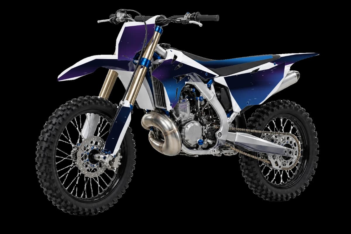 Galaxy style dirt bike graphics kit on a TM Moto MX 144 2T
