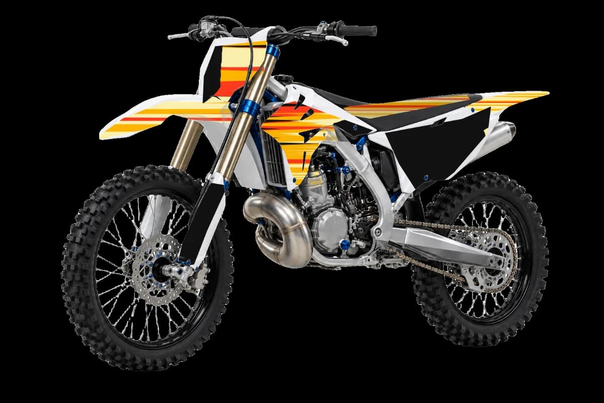 Flame style dirt bike graphics kit on a TM Moto MX 144 2T