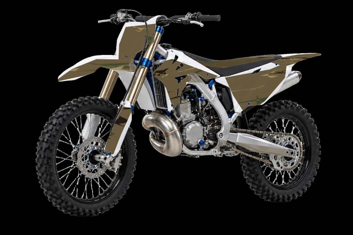 Woodland camo style dirt bike graphics kit on a TM Moto MX 144 2T