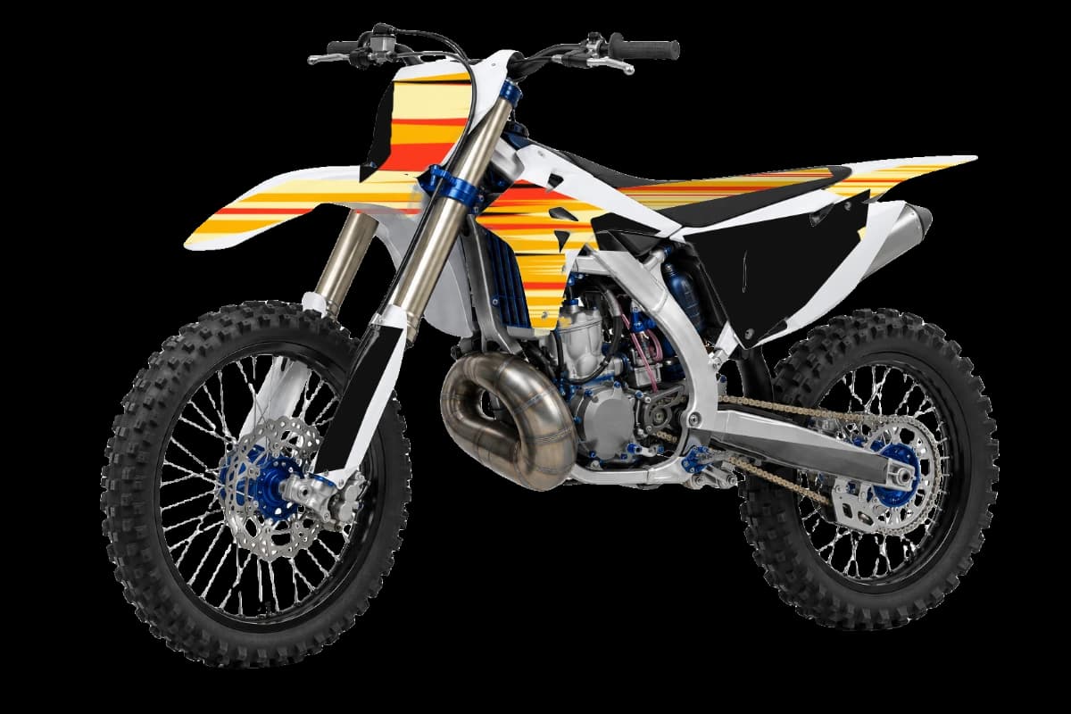 Flame style dirt bike graphics kit on a TM Moto MX 250 2T