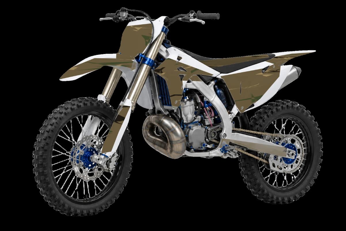 Woodland camo style dirt bike graphics kit on a TM Moto MX 250 2T