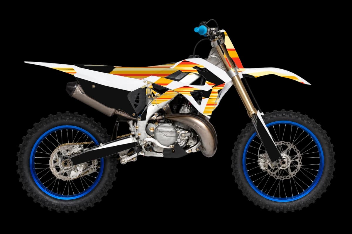 Flame style dirt bike graphics kit on a TM Moto MX 300 2T