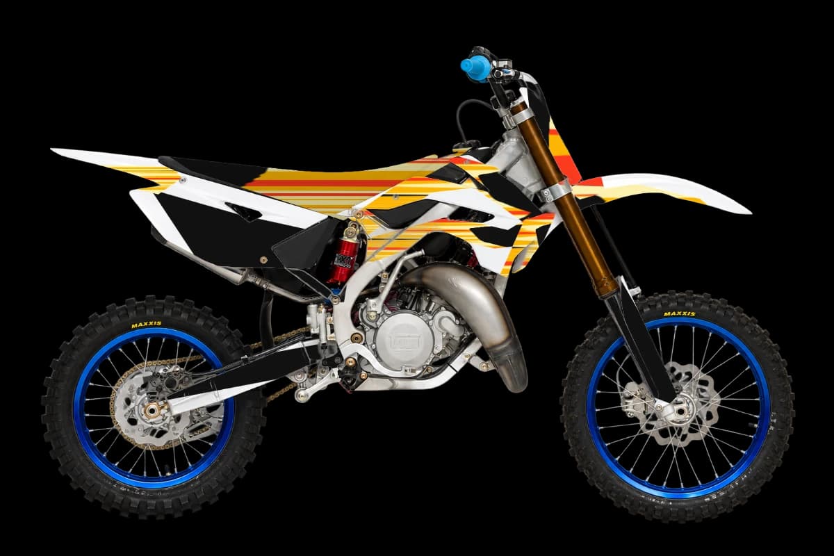 Flame style dirt bike graphics kit on a TM Moto MX 85 Junior