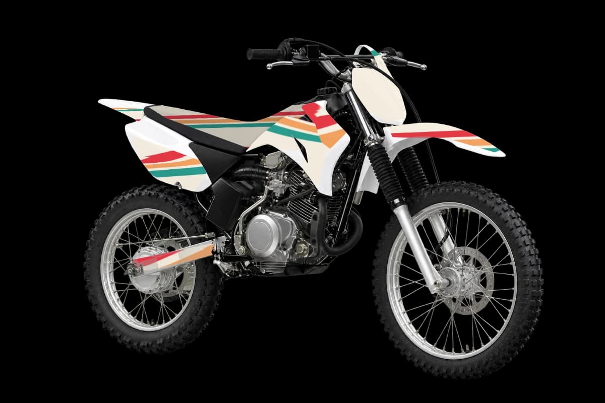 Retro style dirt bike graphics kit on a Yamaha TT-R125LE