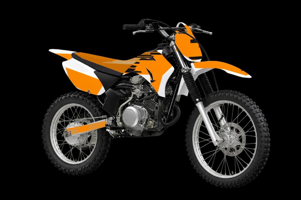 Tiger stripe style dirt bike graphics kit on a Yamaha TT-R125LE