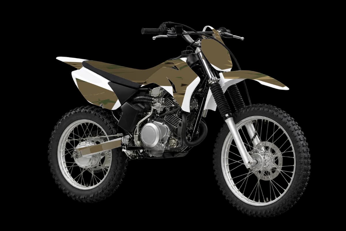 Woodland camo style dirt bike graphics kit on a Yamaha TT-R125LE
