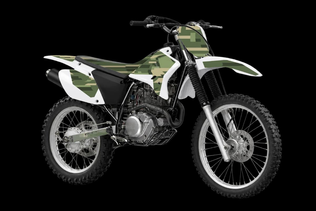 Digital camo style dirt bike graphics kit on a Yamaha TT-R230