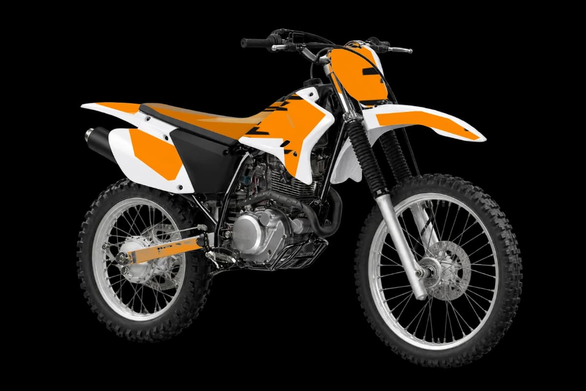 Tiger stripe style dirt bike graphics kit on a Yamaha TT-R230